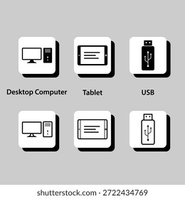 Ein Satz von Symbolen für einen Computer-Desktop, einschließlich Monitor, Tastatur und Maus