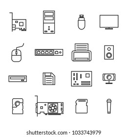 Set of icons computer devices and accessories of thin lines, isolated on white background, vector illustration.