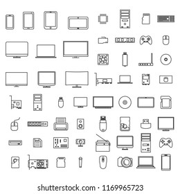 Set of icons computer devices and accessories of thin lines, isolated on white background, vector illustration.