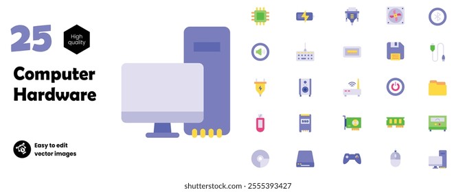 Set Icons of Computer Hardware Components Flat Style