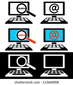 Set of icons of computer monitors on a black and white background.