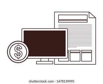 set of icons with computer screen in white background
