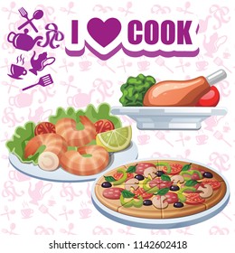 Set of icons for the concept of 3D food design for a restaurant. Icons, pizza, shrimp and pizza, salad, dishes. A set of dishes, dishes. Set of icons, food, ornament, Icon Vector