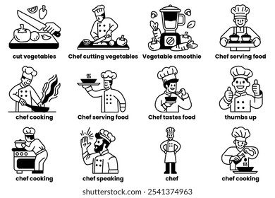 Set of icons in the concept of chefs in various poses in line drawing style