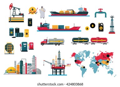 Set of icons concept of oil design. Oil technology industry business, and energy power fuel production drilling and, transportation ship tanker lorry and train flat style. Vector illustration