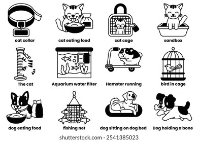 Set of icons in the concept of pet supplies in a line style
