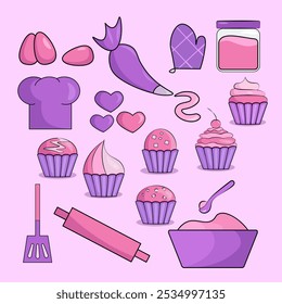 conjunto com ícones de confeitaria, bolos, ovos, corações