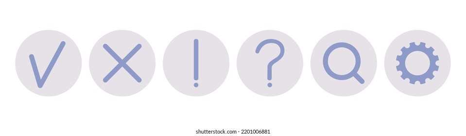 Set of Icons: Confirm, Cancel, Alert, Question (Alert), Search and Settings Symbols. Vector UI Design