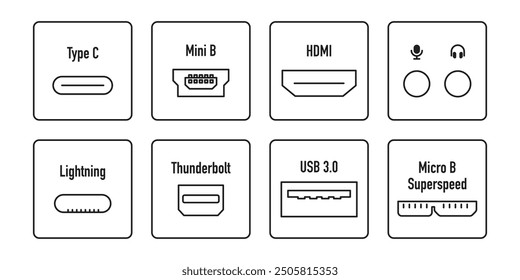 A set of icons with connectors Type C, Mini B, HDMI, audio microphone, headphones, Lightning, Thunderbolt, USB 3.0, Micro B Superspeed.