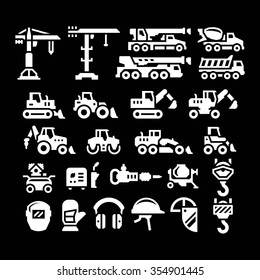 Set icons of construction equipment isolated on black. Vector illustration