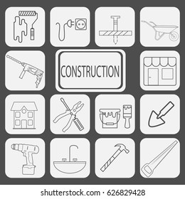 A set of icons for the construction, repair, restoration of the building. Building tools, equipment. Building constructions