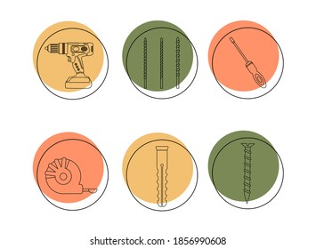 A set of icons from construction tools. Pins. Drilling machine, drill, screwdriver, self-tapping screw, dowel, tape measure. Power tools, hammer drill.