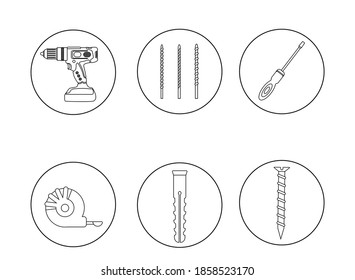 Un conjunto de iconos de las herramientas de construcción. Pines. Máquina de perforación, taladro, destornillador, tornillo autorroscante, taladro, cinta de medida. Herramientas eléctricas, taladro de martillo. Imagen para colorear. Esquema.