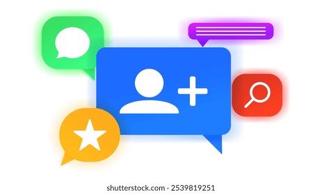 Set of icons contact us and feedback. Adding friend, rate, like, user icon buttons. Vector illustration. Feedback elements design.