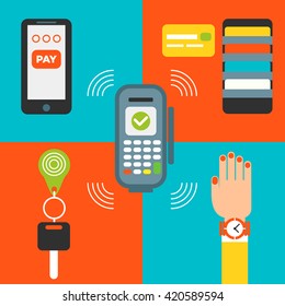 The set of icons for contactless payment concept: pos terminal, smart watch with the payment chip, keys, credit card and smart phone. Vector illustration. Good idea for innovative concept. 