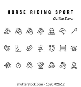 A set of icons contains horse riding. Outline style