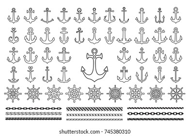 Set of icons and contour of sea theme -  anchors, ropes and sea wheels