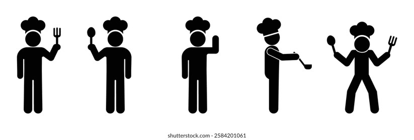 set of icons cook, stick figure man chef, isolated human silhouette, restaurant symbol, people cooking food