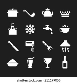 Set icons of cooking and kitchen isolated on black. Vector illustration