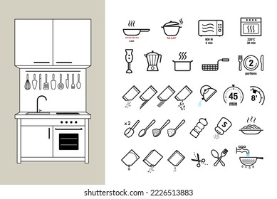 Set of icons for cooking in the kitchen. Set of sign for detailed guideline. Vector elements. Ready for your design. EPS10.	