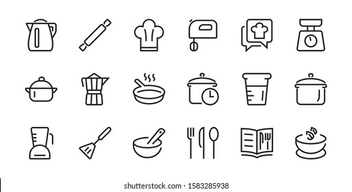 Set Of Icons For Cooking And Kitchen, Vector Lines, Contains Icons Such As A Knife, Saucepan, Boiling Time, Mixer, Scales, Recipe Book. Editable Stroke, Perfect 48x48 Pixels, White Background