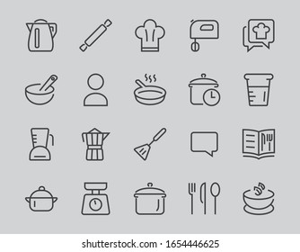 Set of icons for cooking and kitchen, vector lines, contains icons such as a knife, saucepan, boiling time, mixer, scales, recipe book. Editable stroke, perfect 480x480 pixels, white background