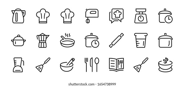 Set of icons for cooking and kitchen, vector lines, contains icons such as a knife, saucepan, boiling time, mixer, scales, recipe book. Editable stroke, perfect 480x480 pixels, white background