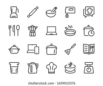 Set of icons for cooking and kitchen, vector lines, contains icons such as a knife, saucepan, boiling time, mixer, scales, recipe book. Editable stroke, perfect 480x480 pixels, white background.