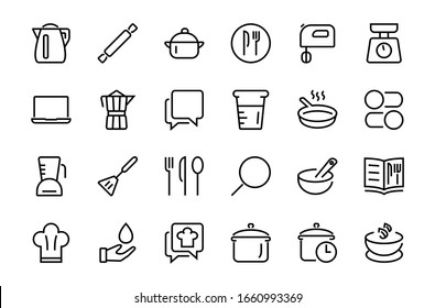 Set of icons for cooking and kitchen, vector lines, contains icons such as a knife, saucepan, boiling time, mixer, scales, recipe book. Editable stroke, perfect 480x480 pixels, white background.