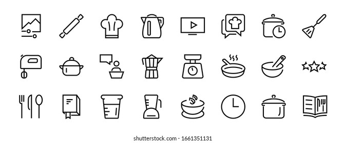 Set of icons for cooking and kitchen, vector lines, contains icons such as a knife, saucepan, boiling time, mixer, scales, recipe book. Editable stroke, perfect 480x480 pixels, white background.