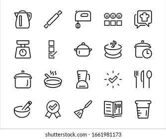 Set of icons for cooking and kitchen, vector lines, contains icons such as a knife, saucepan, boiling time, mixer, scales, recipe book. Editable stroke, perfect 480x480 pixels, white background.