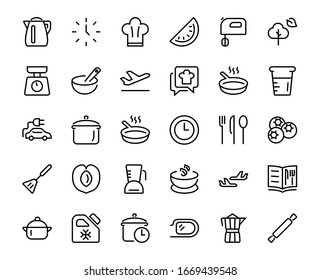  Set of icons for cooking and kitchen, vector lines, contains icons such as a knife, saucepan, boiling time, mixer, scales, recipe book. Editable stroke, perfect 480x480 pixels, white background.
