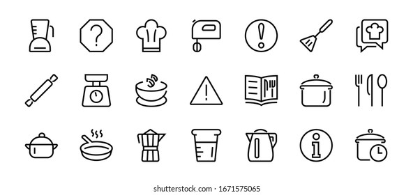 Set of icons for cooking and kitchen, vector lines, contains icons such as a knife, saucepan, boiling time, mixer, scales, recipe book. Editable stroke, perfect 480x480 pixels, white background.