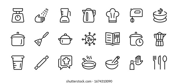 Set of icons for cooking and kitchen, vector lines, contains icons such as a knife, saucepan, boiling time, mixer, scales, recipe book. Editable stroke, perfect 480x480 pixels, white background.