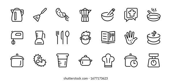 Set of icons for cooking and kitchen, vector lines, contains icons such as a knife, saucepan, boiling time, mixer, scales, recipe book. Editable stroke, perfect 480x480 pixels, white background.