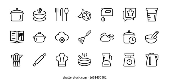  Set Of Icons For Cooking And Kitchen, Vector Lines, Contains Icons Such As A Knife, Saucepan, Boiling Time, Mixer, Scales, Recipe Book. Editable Stroke, Perfect 480x480 Pixels, White Background.