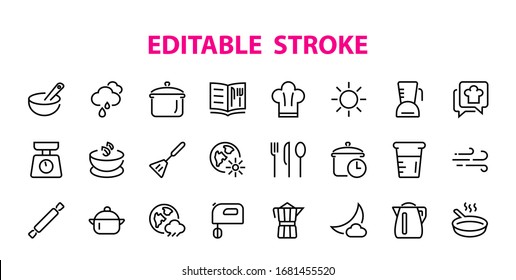  Set of icons for cooking and kitchen, vector lines, contains icons such as a knife, saucepan, boiling time, mixer, scales, recipe book. Editable stroke, perfect 480x480 pixels, white background.