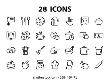 Set of icons for cooking and kitchen, vector lines, contains icons such as a knife, saucepan, boiling time, mixer, scales, recipe book. Editable stroke, perfect 480x480 pixels, white background.