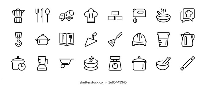  Set of icons for cooking and kitchen, vector lines, contains icons such as a knife, saucepan, boiling time, mixer, scales, recipe book. Editable stroke, perfect 480x480 pixels, white background.