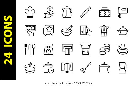  Set of icons for cooking and kitchen, vector lines, contains icons such as a knife, saucepan, boiling time, mixer, scales, recipe book. Editable stroke, perfect 480x480 pixels, white background.