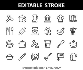 Set of icons for cooking and kitchen, vector lines, contains icons such as a knife, saucepan, boiling time, mixer, scales, recipe book. Editable stroke, perfect 480x480 pixels, white background.