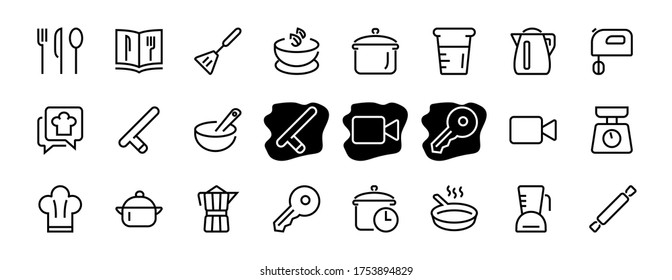 Set of icons for cooking and kitchen, vector lines, contains icons such as a knife, saucepan, boiling time, mixer, scales, recipe book. Editable stroke, perfect 480x480 pixels, white background.