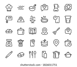 Set of icons for cooking and kitchen, vector lines, contains icons such as a knife, saucepan, boiling time, mixer, scales, recipe book. Editable stroke, perfect 480x480 pixels, white background.