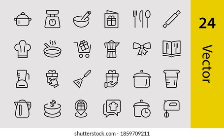 Juego de íconos para cocinar y cocinar, líneas vectoriales, contiene íconos como un cuchillo, una cacerola, tiempo de ebullición, mezclador, báscula, libro de recetas. Trazo editable, 480x480 píxeles perfectos, fondo blanco.