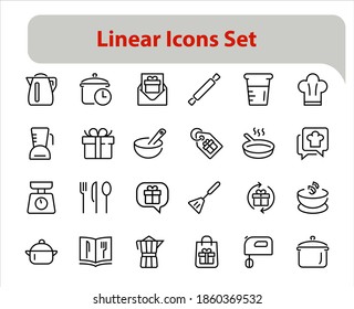 Set of icons for cooking and kitchen, vector lines, contains icons such as a knife, saucepan, boiling time, mixer, scales, recipe book. Editable stroke, perfect 480x480 pixels, white background.