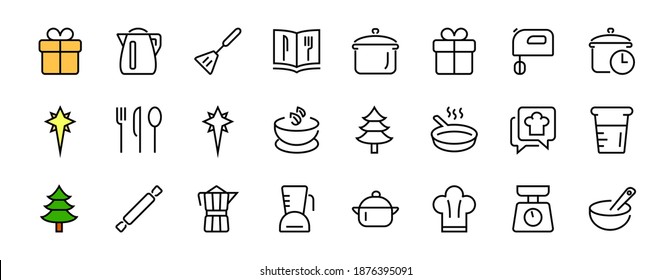 Set of icons for cooking and kitchen, vector lines, contains icons such as a knife, saucepan, boiling time, mixer, scales, recipe book. Editable stroke, perfect 480x480 pixels, white background.