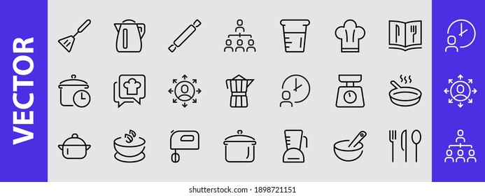  Set of icons for cooking and kitchen, vector lines, contains icons such as a knife, saucepan, boiling time, mixer, scales, recipe book. Editable stroke, perfect 480x480 pixels, white background.