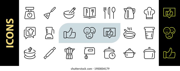  Set of icons for cooking and kitchen, vector lines, contains icons such as a knife, saucepan, boiling time, mixer, scales, recipe book. Editable stroke, perfect 480x480 pixels, white background.