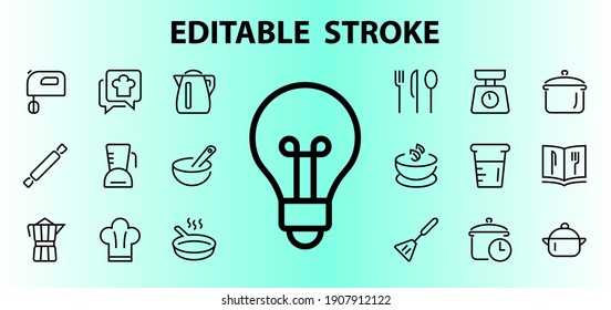  Set of icons for cooking and kitchen, vector lines, contains icons such as a knife, saucepan, boiling time, mixer, scales, recipe book. Editable stroke, perfect 480x480 pixels, white background.