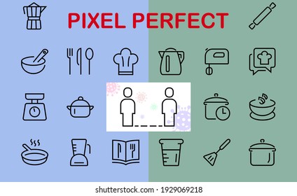  Set of icons for cooking and kitchen, vector lines, contains icons such as a knife, saucepan, boiling time, mixer, scales, recipe book. Editable stroke, perfect 480x480 pixels, white background.